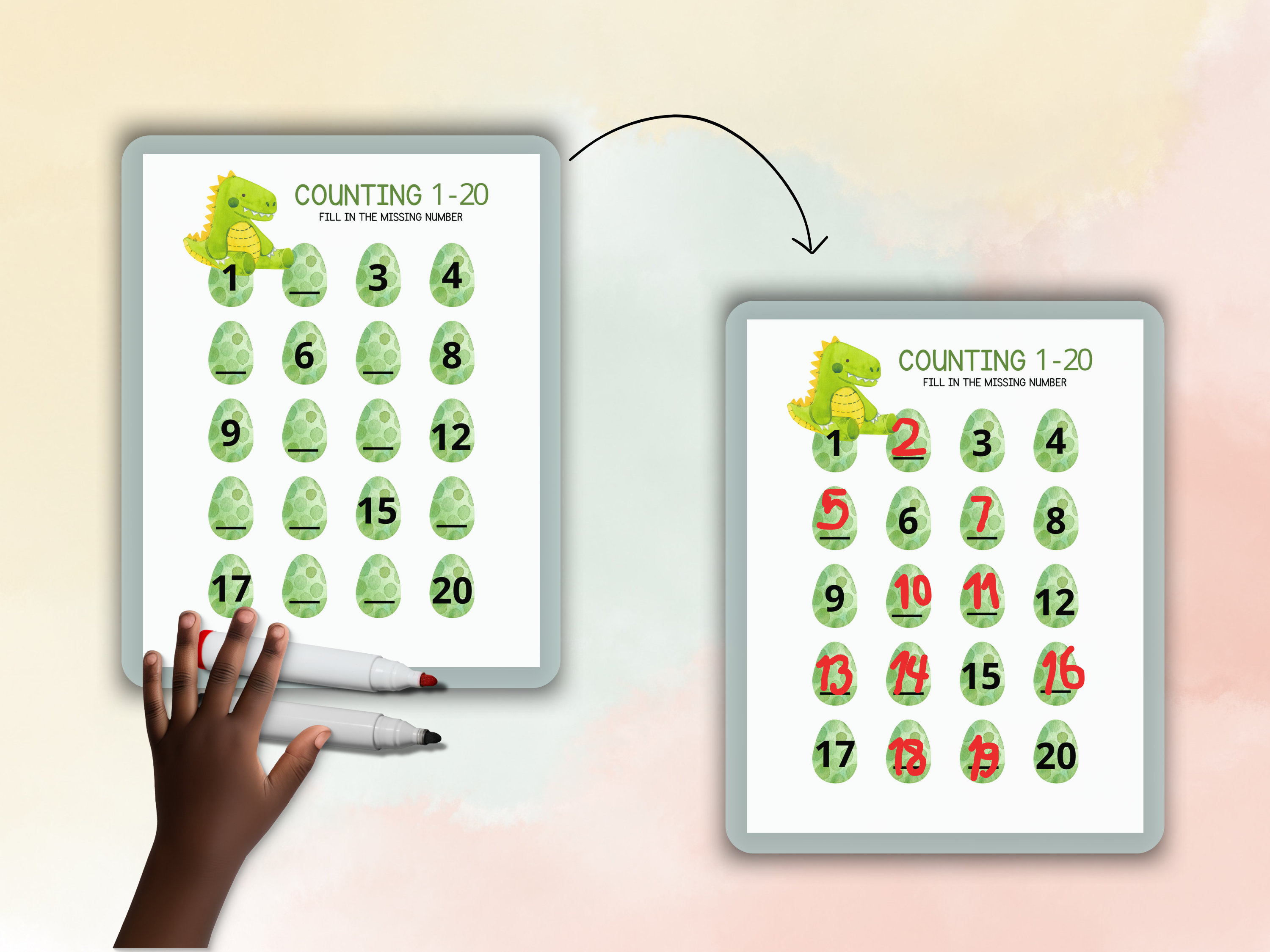 Count dinosaurs and practice numbers 1-100.