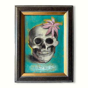 Skull Painting with Flower – Oil on Canvas with Frame, Original Gothic Art, Skull Art – 21x27.5 cm (8.2x10.8 in)