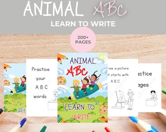 Animal ABC Learn to Write, Digital Download for Kids, Practice Pages,  All 26 letters, Colour the Letters, Pre-Writing Worksheets, Busy Book
