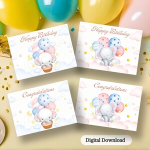 Niedlicher Elefant Kartenset 2 Pack Rosa & Blau druckbare Geburtstag, Glückwunschkarten, sofortiger Download, druckbare Karte für Kinder, Baby-Dusche