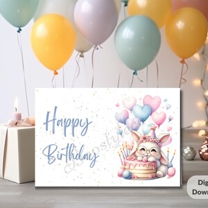 Tarjeta de cumpleaños de conejito, Tarjeta de felicitación imprimible, Descarga instantánea, Cumpleaños de conejito, Imprimir en casa, Regalo de feliz cumpleaños, Cumpleaños imprimible