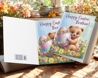Osterkarte zum Ausdrucken für Bruder, niedlicher Bär mit Osterei, Ostern Printables, Osterkarten, DIY zum Ausdrucken, Sofort Download, Ostergeschenk
