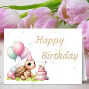 Adorable carte d'anniversaire tortue, carte imprimable, téléchargement immédiat, anniversaire tortue, impression à la maison, cadeau de joyeux anniversaire, anniversaire à imprimer