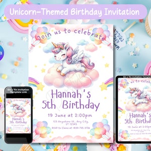 Unicorn Birthday Invitation, Girls Unicorn Birthday, Unicorn Theme Party, Printable Invitation, Unicorn Invites, Editable Unicorn Invitation