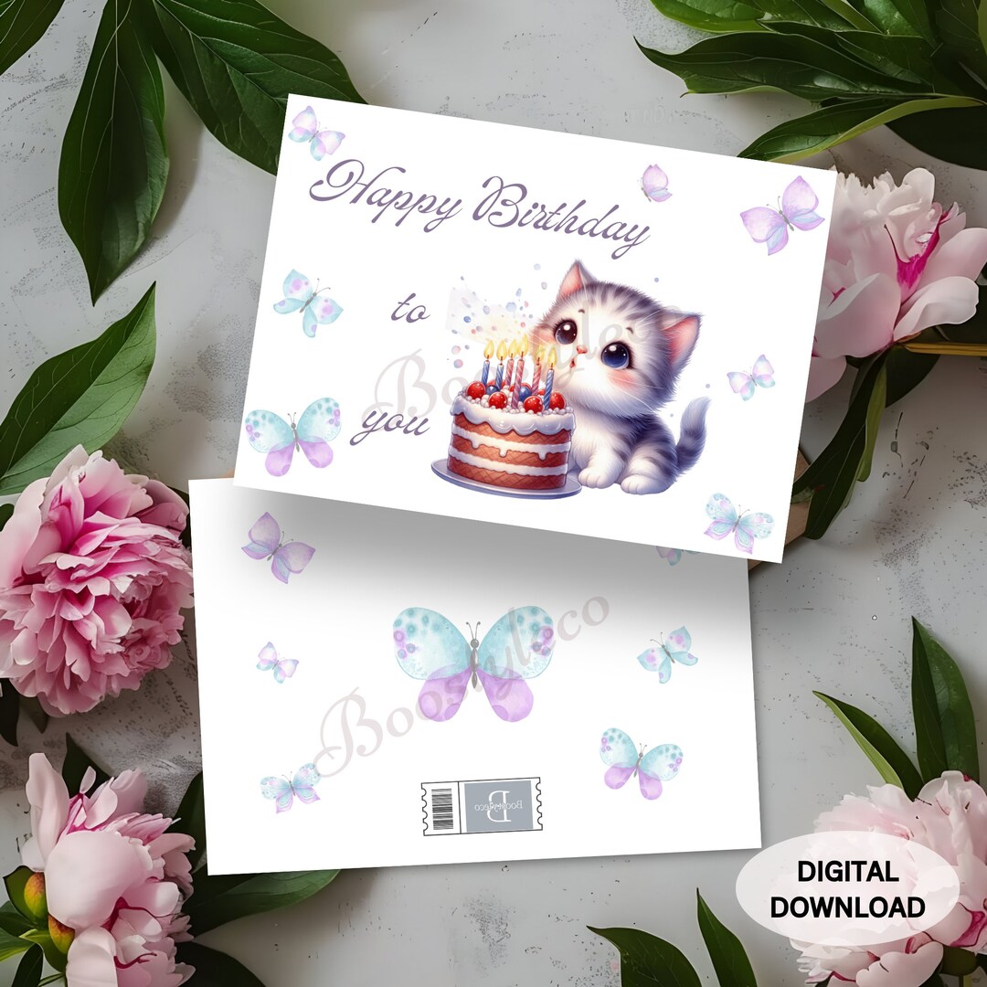 Cute Kitten Birthday Card, Instant Download, Kitten Birthday, Print at ...