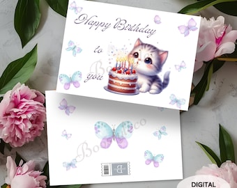 Cute Kitten Birthday Card, Instant Download,  Kitten Birthday, Print at Home, Happy Birthday Gift, Cat Birthday, Cat Lover Birthday Card