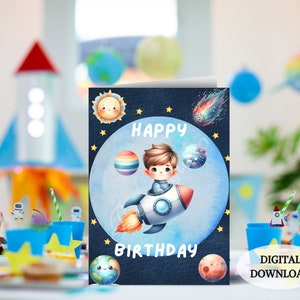 Weltraum Geburtstagskarte, Druckbare Geburtstagskarte, Sofort Download, Weltraum Thema | Kinder Geburtstagskarte, Planeten Rakete Astronaut Karte