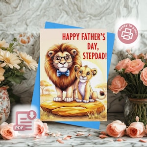 Happy Fathers Day Card for Stepdad, Printable Lion Card, Father’s Day Card from Stepkids, Fathers Day Gift, Gift For Dad, Instant Download
