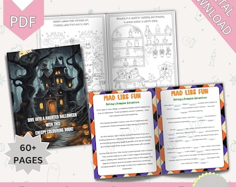 May include: A Halloween-themed coloring book and activity bundle. The cover features a haunted house illustration with the text "Dive into a Haunted Halloween with this Creepy Colouring Book!" Includes 60+ pages and Mad Libs Fun pages. The bundle is 8.5" x 11".