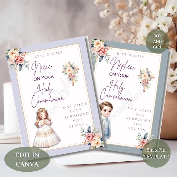 Editable First Communion Personalized Card Bundle Template for Canva, First Communion Boy, Girl, Canva Card Template, Printable Template