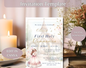 First Communion Invitation Template, Printable Communion Invitation, Editable Template, Instant Download, Personalised Invitations and card