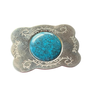 Vintage Western Faux Turquoise Belt Buckle Silver Engraved Design Southwestern