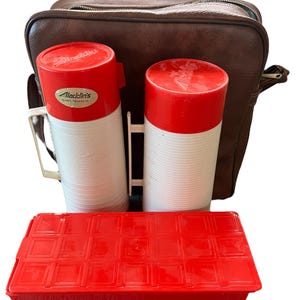 Vintage Aladdin Picnic Lunch Box Dual Thermos Lunch Box Set Brown Carry Bag MCM