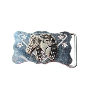 Vintage Western Belt Buckle Horse With Horseshoe Star Accent Silver Tone Finish