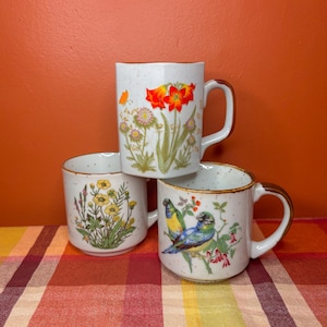May include: Three ceramic mugs with a speckled off-white finish and brown rim accents. One mug features red amaryllis flowers, another displays yellow wildflowers, and the third shows two colorful birds perched on a branch with green leaves.