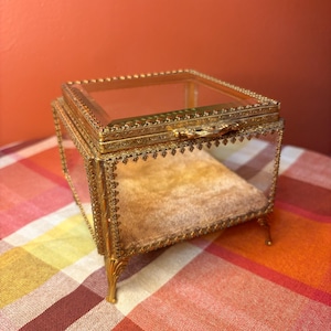 Vintage Beveled Glass Brass Jewelry Casket
