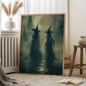 Two Witches Under the Moon - Witch Portrait,Autumn Witch Art,Mystical Witch Print,Halloween Witch,Witch in forest,Haunted Witch,Moon Art