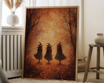 Three Chic Witch Goes for a Fall Stroll - Witch Portrait,Autumn Witch Art,Mystical Witch Print,Halloween Witch,Witch in forest,Haunted Witch