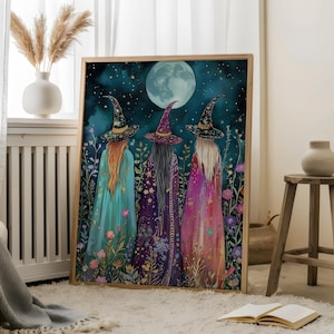 Three Witches Under Moonlight-Celestial Art,Wildflowers & Enchanted Night,Mystical Witch Print,Celestial Witch Wall Decor,Magic Night Art
