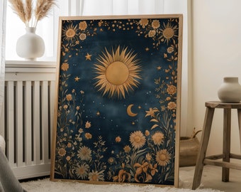 Sun and Moon,Whimsigoth Decor,Tarot Card Prints,Celestial Sun and Moon Print,Gloomy Moody ,Night Art,Boho Moon Art,Celestial Moon Prints