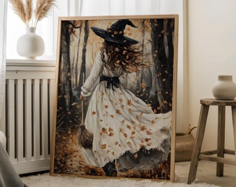 Chic Witch Goes for a Fall Stroll - Witch Portrait,Autumn Witch Art,Mystical Witch Print,Celestial Witch,Witch in forest,Haunted Witch Print