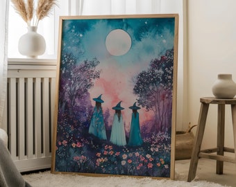 Drei Hexen unter dem Mond, Himmlische Kunst, Wildblumen und verzauberte Nacht, mystische Hexe, himmlische Hexen-Dekor, Hexenzirkel unter dem Mond
