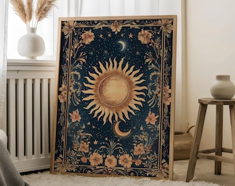 Sun and Moon,Whimsigoth Decor,Tarot Card Prints,Celestial Sun and Moon Print,Gloomy Moody ,Night Art,Moon Art,Celestial Moon Prints