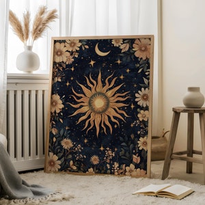 Soleil et lune, décoration fantaisie goth, tirages de cartes de tarot, impression soleil céleste et lune, lunaire sombre, art nocturne, art lune, estampes lune céleste