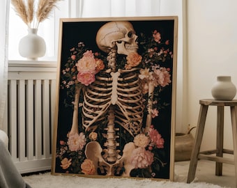 Floral Skeleton- Floral Goth Decor,Moody Botanical Wall Art,Dark Cottagecore Goth Print, Flower Skull Gothic Home Decor,Botanical Skeleton