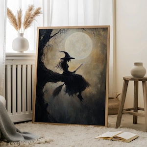 Witch in Front of a Full Moon - Witch Portrait,Autumn Witch Art,Mystical Witch Print,Halloween Witch,Witch in forest,Haunted Witch,Moon Art
