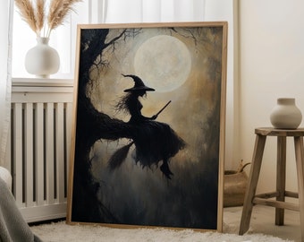 Witch in Front of a Full Moon - Witch Portrait,Autumn Witch Art,Mystical Witch Print,Halloween Witch,Witch in forest,Haunted Witch,Moon Art