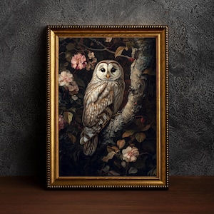Forest Owl, Dark Academia Botanical Print, Moody Wall Art, Gothic Oil Painting, Victorian Goth Décor ,Dark Moody Painting,Farmhouse Decor