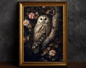 Bosuil, donkere academische botanische print, humeurige muurkunst, gotisch olieverfschilderij, Victoriaans Goth-decor, donker humeurig schilderij, decor boerderij