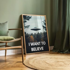 May include: A framed poster with a black background and a photo of a flying saucer in a forest. The text "I WANT TO BELIEVE" is printed in white letters below the photo.