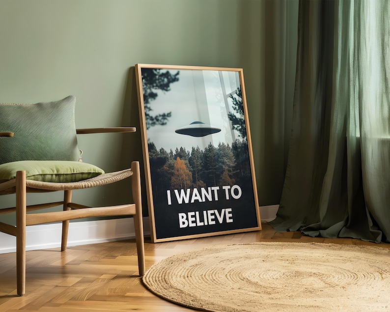 May include: A framed poster with a black background and a photo of a flying saucer in a forest. The text "I WANT TO BELIEVE" is printed in white letters below the photo.