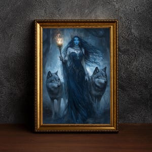 Hecate: Guardian of the Night - Greek Mythology Wall Art,Gothic Hecate Portrait,Cottagecore Pagan Poster ,Hecate and Wolfs,Witch Decor Print