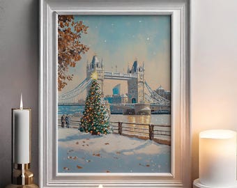 Tower Bridge London Poster-Xmas Wall Art,London Wall Art ,Christmas Decor,Winter London Poster,Christmas London Print,England Cityscape