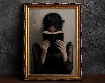 Victorian Woman Reading Bookish Art Print,Dark Academia Decor, Library Wall Art, Moody Reading Nook Painting, Book Lover Gift