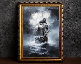 May include: A framed black and white painting of a ship sailing on a stormy sea. The ship has a large sail and is surrounded by waves. The painting is set against a dark background.