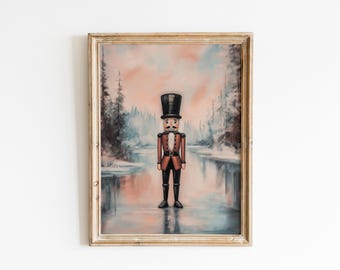 Rustikt jultryck med nötknäppare, vintagedekor, klassisk väggkonst med nötknäppare, julklapp, festlig nötknäpparpresent, julkonst