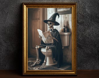 Skeleton On Toilet- Halloween Decor Bathroom,Moody Bathroom Wall Art,Dark Bathroom Print, Funny Skull Prints,Halloween Decor,Funny Skeleton