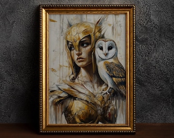 May include: A framed artwork featuring a woman in golden armor and a helmet, with an owl perched on her shoulder. The painting has a vintage aesthetic with a gold frame. The color palette includes gold, white, and brown tones.