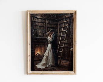 Library Couple-Baroque Wall Art,Goth Moody Dark Academia,Renaissance Art Prints,Dark Moody Antique ,Victorian Woman,Vintage Library Scene
