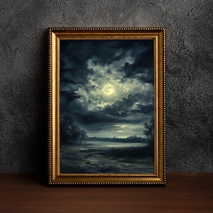 May include: A framed painting of a moonlit landscape with a full moon in the sky and a dark, still lake in the foreground.