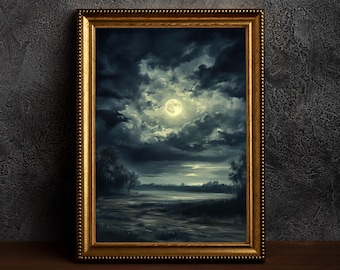 Vintage Enchanting Celestial,Moon Art,Celestial Full Moon,Night Art,Vintage Landscape,Full Moon Print,Night Sky Painting,Dark Academia Moon