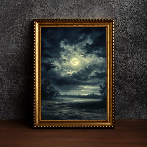 Arte celestial encantador vintage, arte lunar, luna llena celestial, arte nocturno, paisaje vintage, impresión de luna llena, pintura de cielo nocturno, luna oscura de la Academia