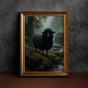 Black Sheep in Forest Poster,Dark Academia Wall Art, Gothic Black Sheep, Cottagecore Sheep Print, Vintage Animal Wall Art,Sheep Lover Gift