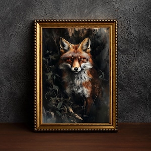 Antique Fox Oil Painting,Dark Academia Wall Art, Gothic Fox Room Decor, Rustic Cottagecore Fox Print, Vintage Animal Wall Art,Fox Lover Gift