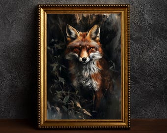 Antiek Fox-olieverfschilderij, Dark Academia Wall Art, Gothic Fox Room Decor, Rustieke Cottagecore Fox Print, Vintage Animal Wall Art, Fox Lover Gift