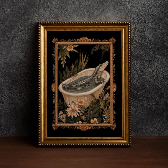 Art Nouveau Crocodile Bath Art,Vintage Exhibition Poster,Bathroom Decor Print,Floral Alligator in Bath,Alligator Lover Gift Idea